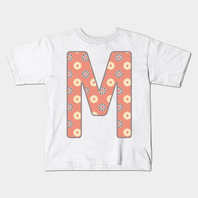 MONOGRAM LETTER M PINK FLORAL TYPOGRAPHY DESIGN Kids T-Shirt by Rhubarb Myrtle